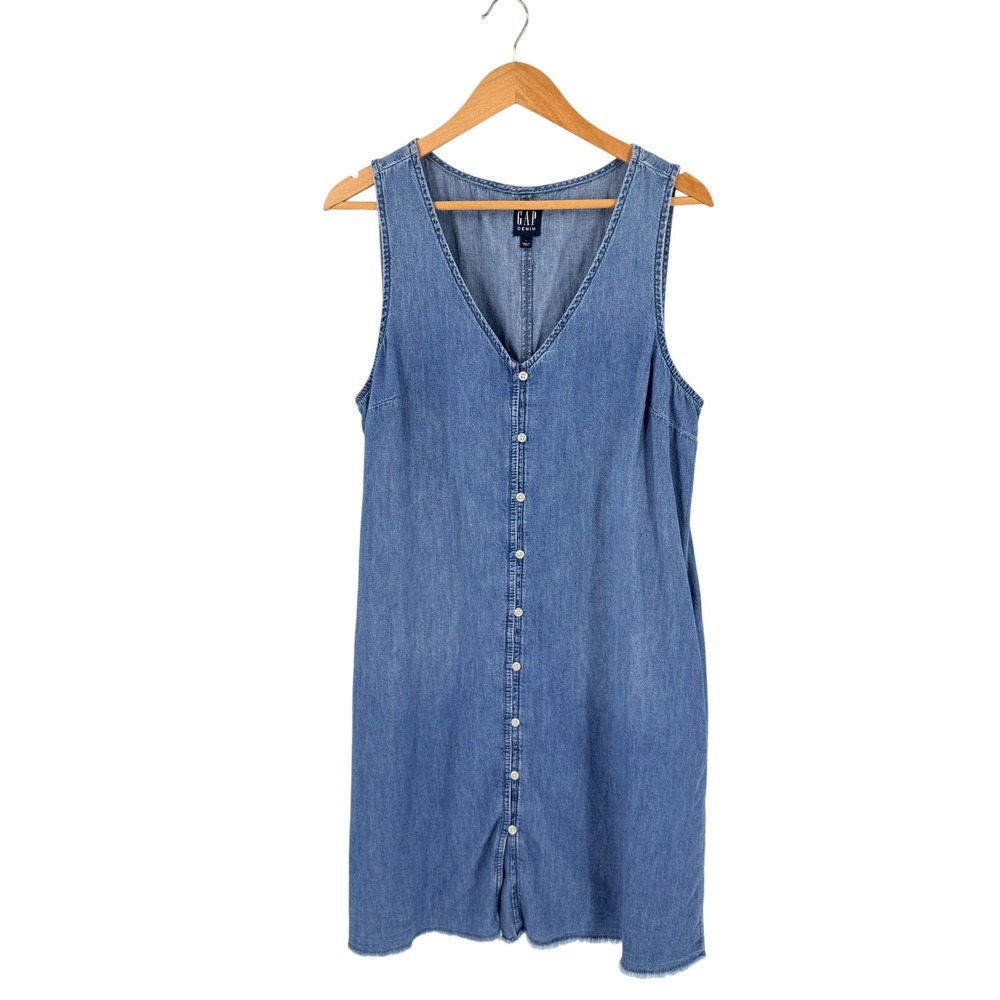 GAP Denim Dress Blue Large Sleeveless Button Front Raw Hem V-Neck Granola